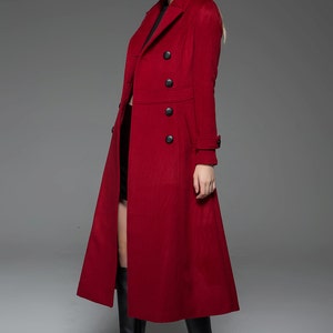 Classic Red Coat Wool Long Full Length Fitted Slim Tailored Double-Breasted Woman's Coat with Black Buttons & Double Lapels C741 image 6