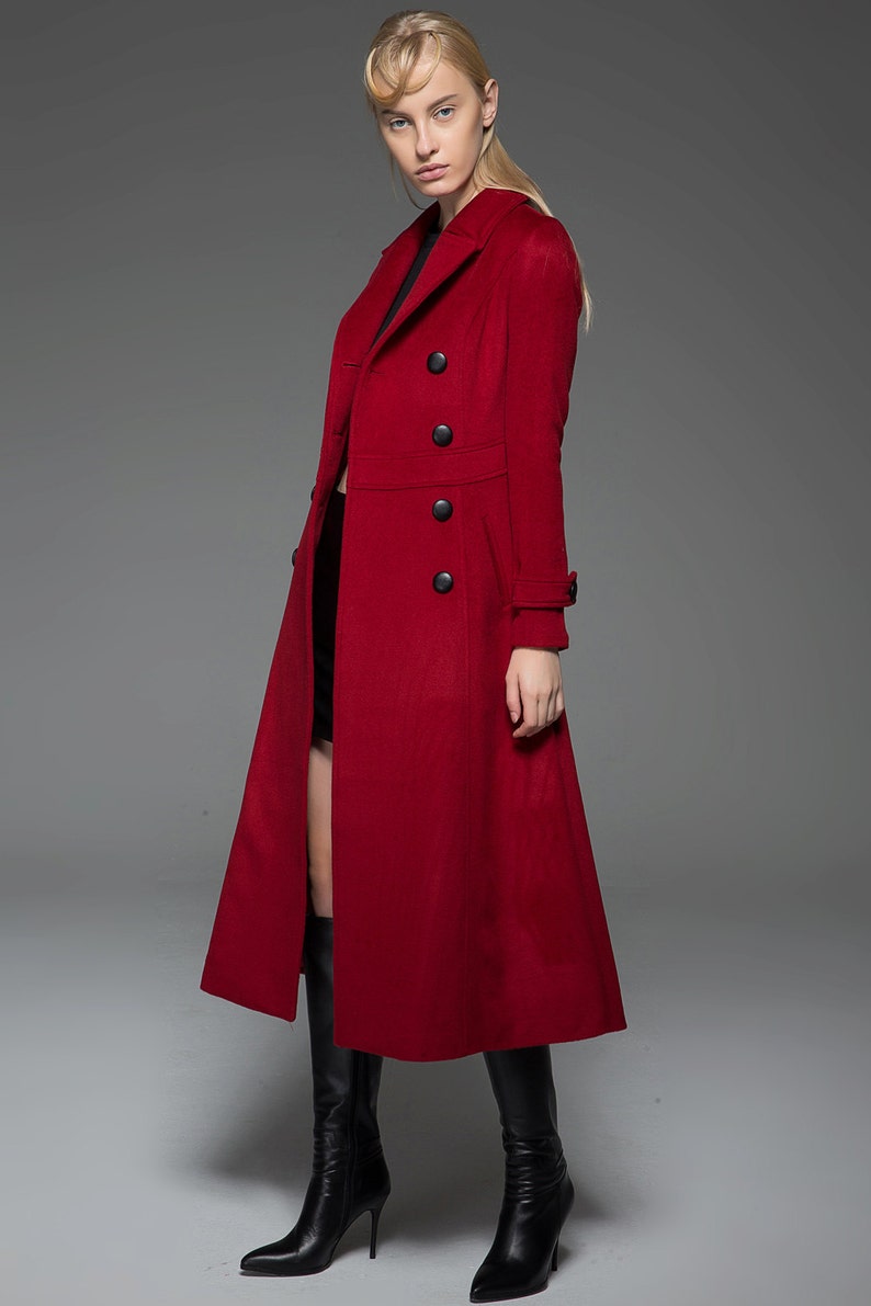 Classic Red Coat Wool Long Full Length Fitted Slim Tailored Double-Breasted Woman's Coat with Black Buttons & Double Lapels C741 image 6