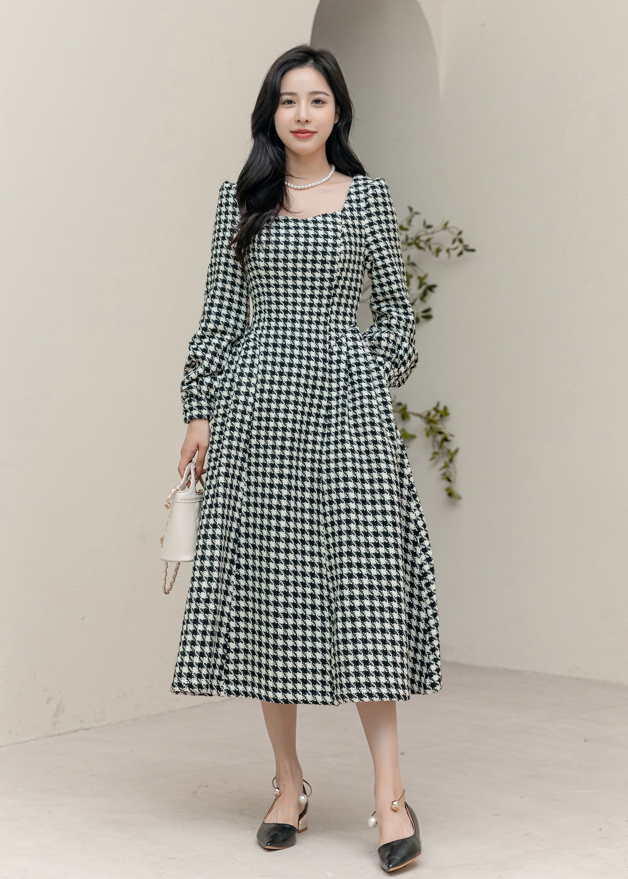ハーリップトゥ Lady Checkered Belted Midi Dress Midi Houndstooth Wool Dress, Midi Dress, Long Sleeve Dress, Winter