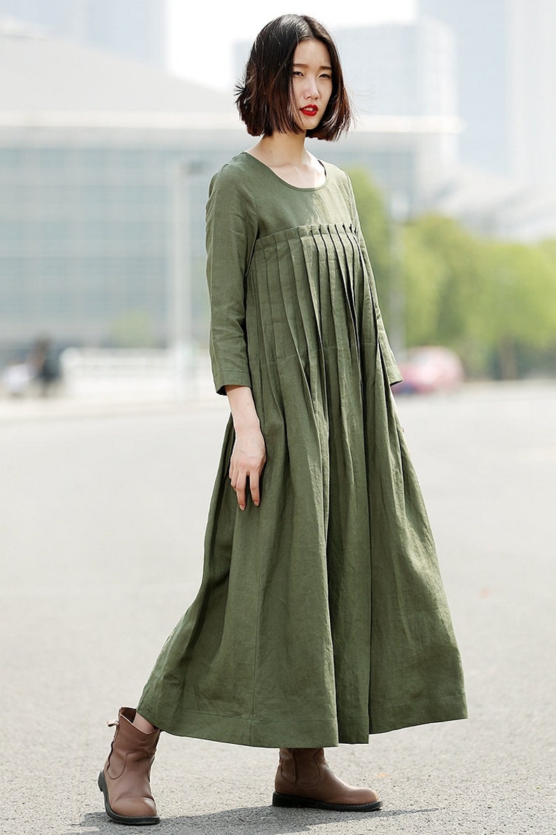 Green Linen Dress long linen dress Pleated dress loose | Etsy