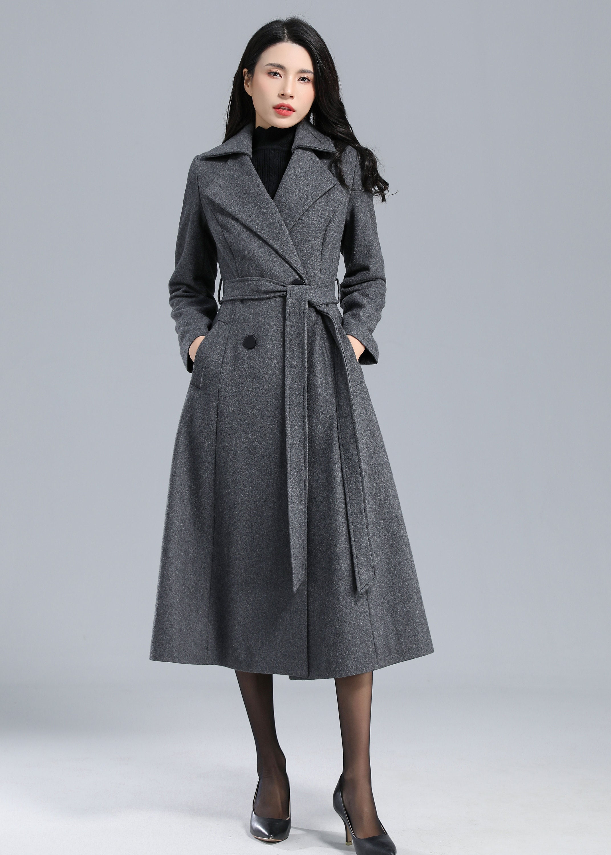 Winter Warm Gray Long Wool Coat, Wool Coat Women, Belted Winter Warm Gray Long Wool Coat, Wool Coat Women, Belted