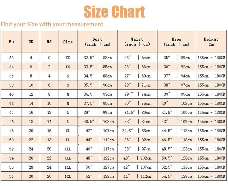 Ylistyle Standard Size Chart Etsy