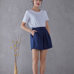 Blue High waist Linen Shorts, Linen shorts, Women Linen shorts, Linen Beach Shorts with pockets, Handmade shorts For Women C1906 image 4