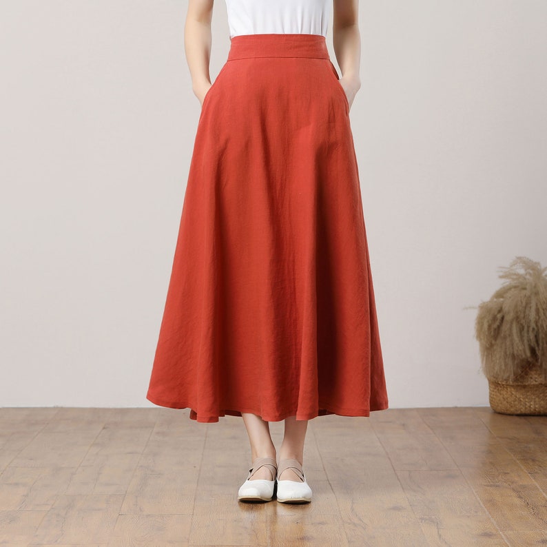 Orange Linen Skirt, Women's Summer Linen Skirt, Linen Midi Skirt, A-Line Skirt, Long Linen Skirt, Swing Skirt, Custom Skirt, Ylistyle C3286 image 5