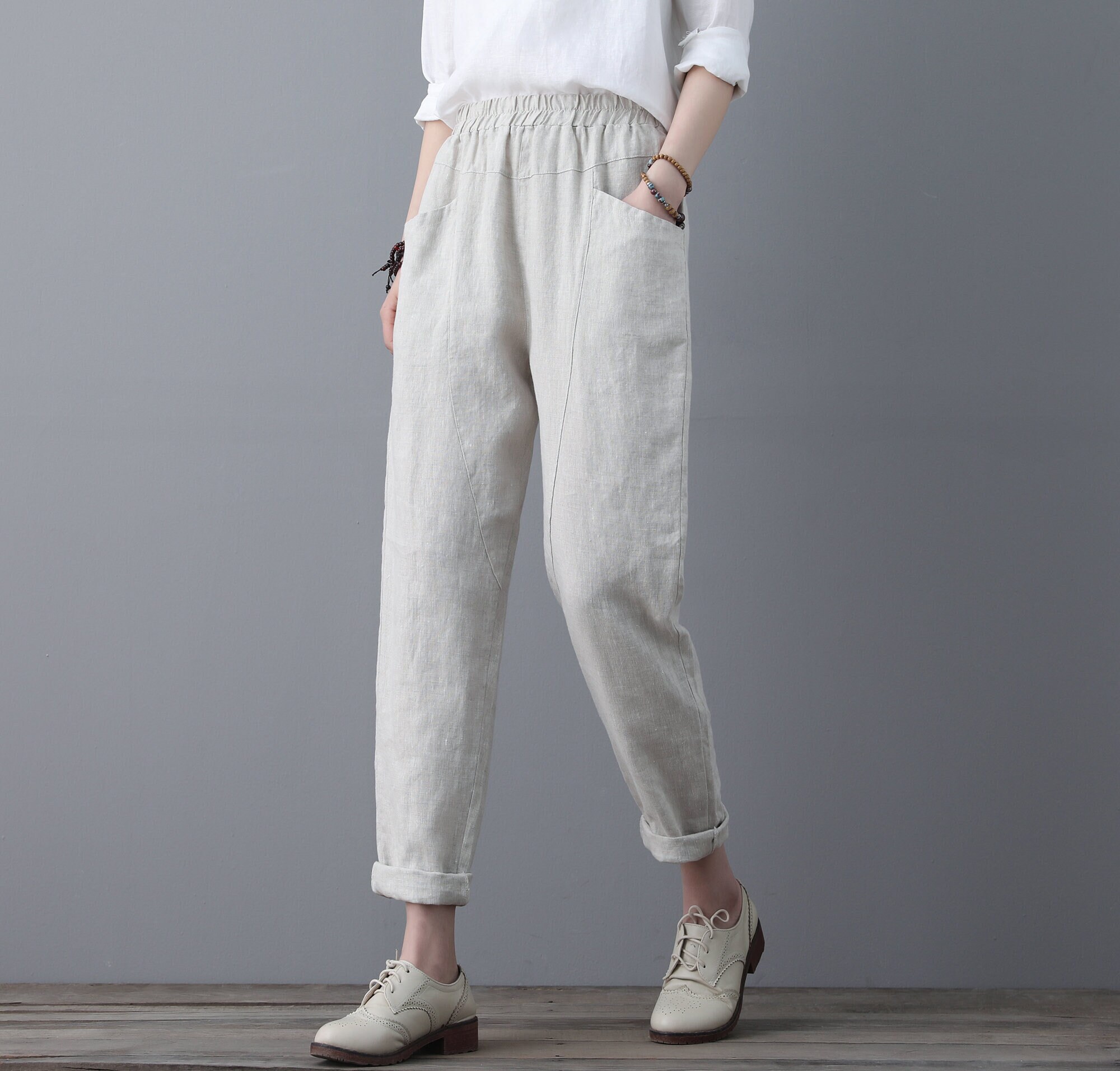 Elastic Waist linen Pants, Long Linen pants, Women Cropped Pants, Cas…