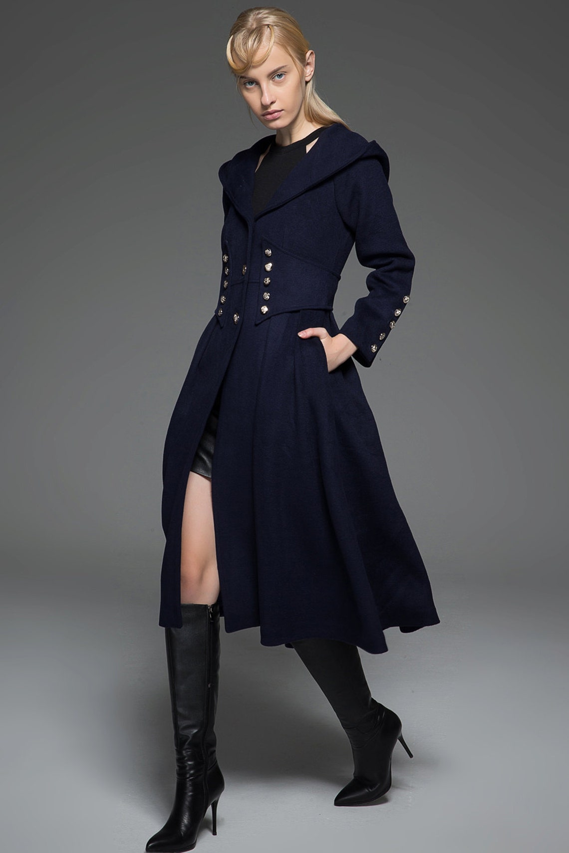Navy Military Style Coat Long Modern Dark Blue Hooded Winter Etsy