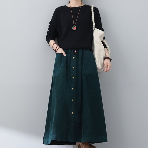Womens Green Corduroy Skirt, Midi Corduroy Skirt, Casual Plus Size