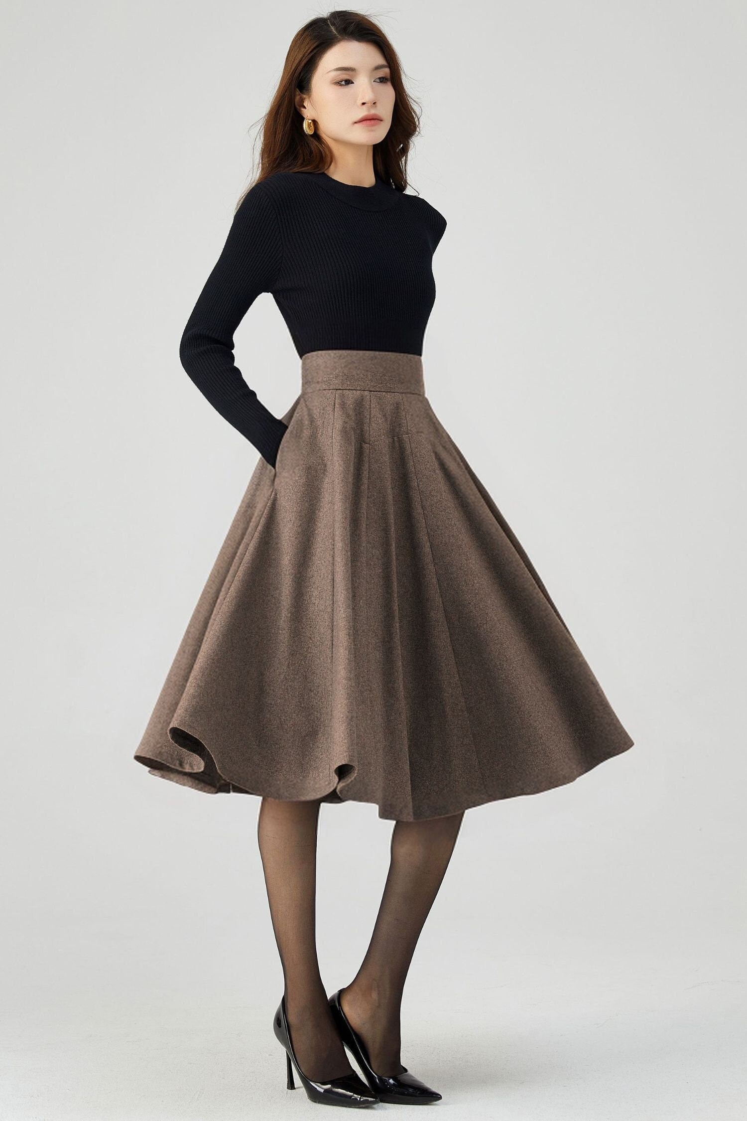 ★GRACE U★2024FW★Adia Wool Skirt★2色 Womens Wool Skirt , Knee Length Skirt, Skater Skirt, Pleated
