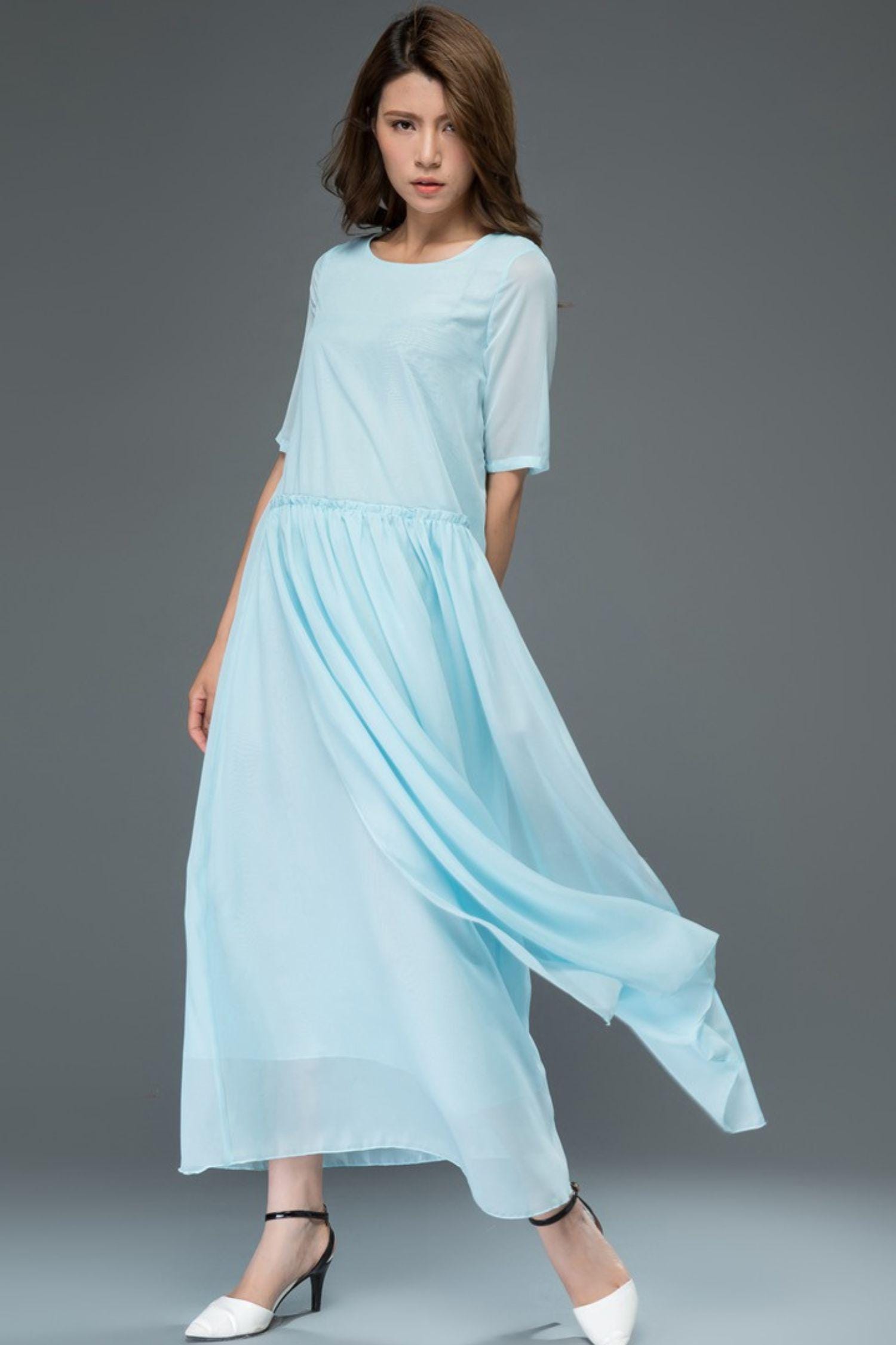 Blue Chiffon Maxi Dress with Pleated Waist - Elegant Summer Style c4861 Blue / XS