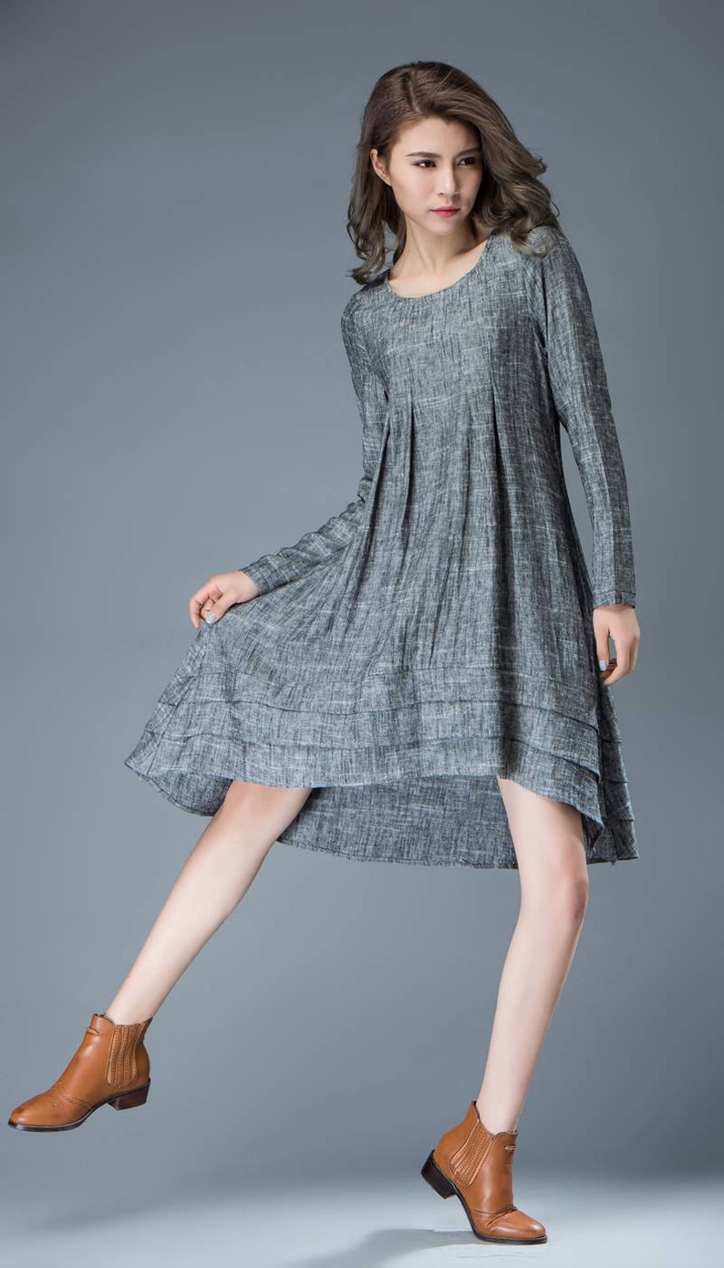 Marl Gray Lagenlook Dress Linen Loose-Fitting Long-Sleeved Round Neck Asymmetrical Dress with Tiered Pleated Hemline C810 C1-Gray-C810