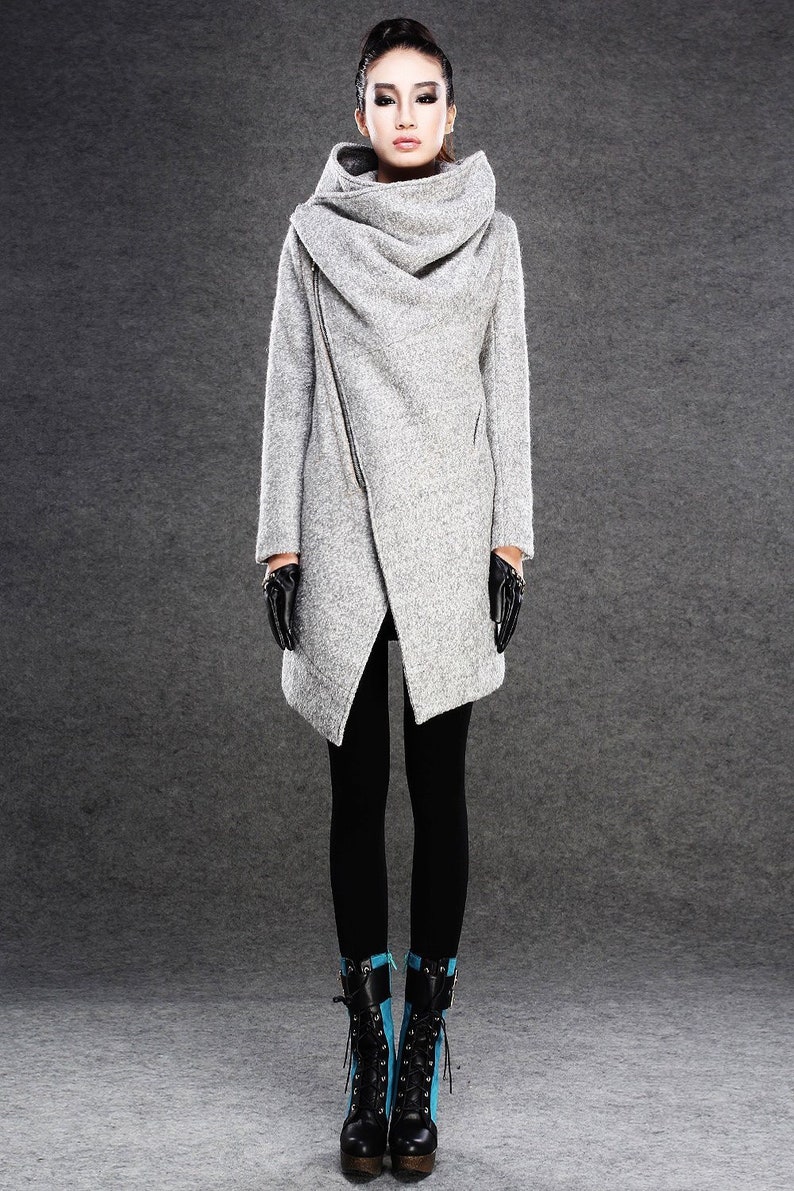Asymmetrical Wool Coat, winter coat women, Gray Wool Boucle Coat with Front Zipper and Large Cowl Neck Collar, Autumn Winter Outerwear C134 