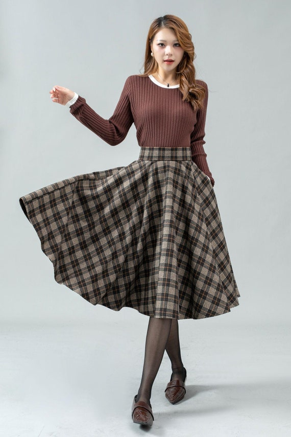 Jupe midi en laine a carreaux jupe pour femme jupe d hiver jupe cercle jupe taille haute jupe tartan jupe de fete jupe personnalisee Ylistyle C4451