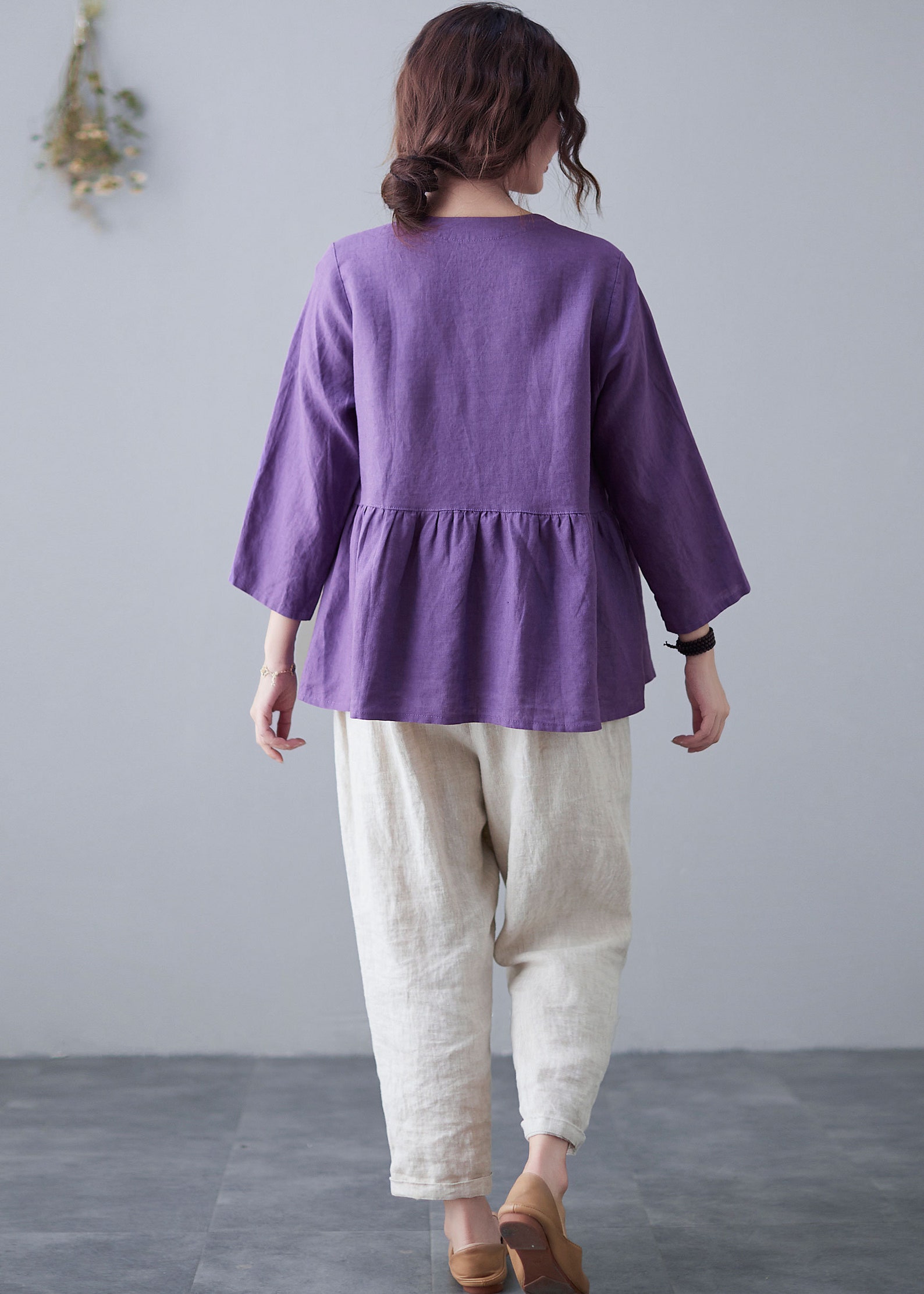 Purple Linen Tops V Neck Long Sleeve Loose Tops and Blouses Etsy