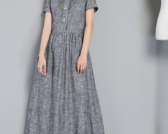 Linen dress, Long linen dress, Gray linen dress for summer, Maxi Linen dress with pleated & buttons, Casual dress, handmade dress C1252