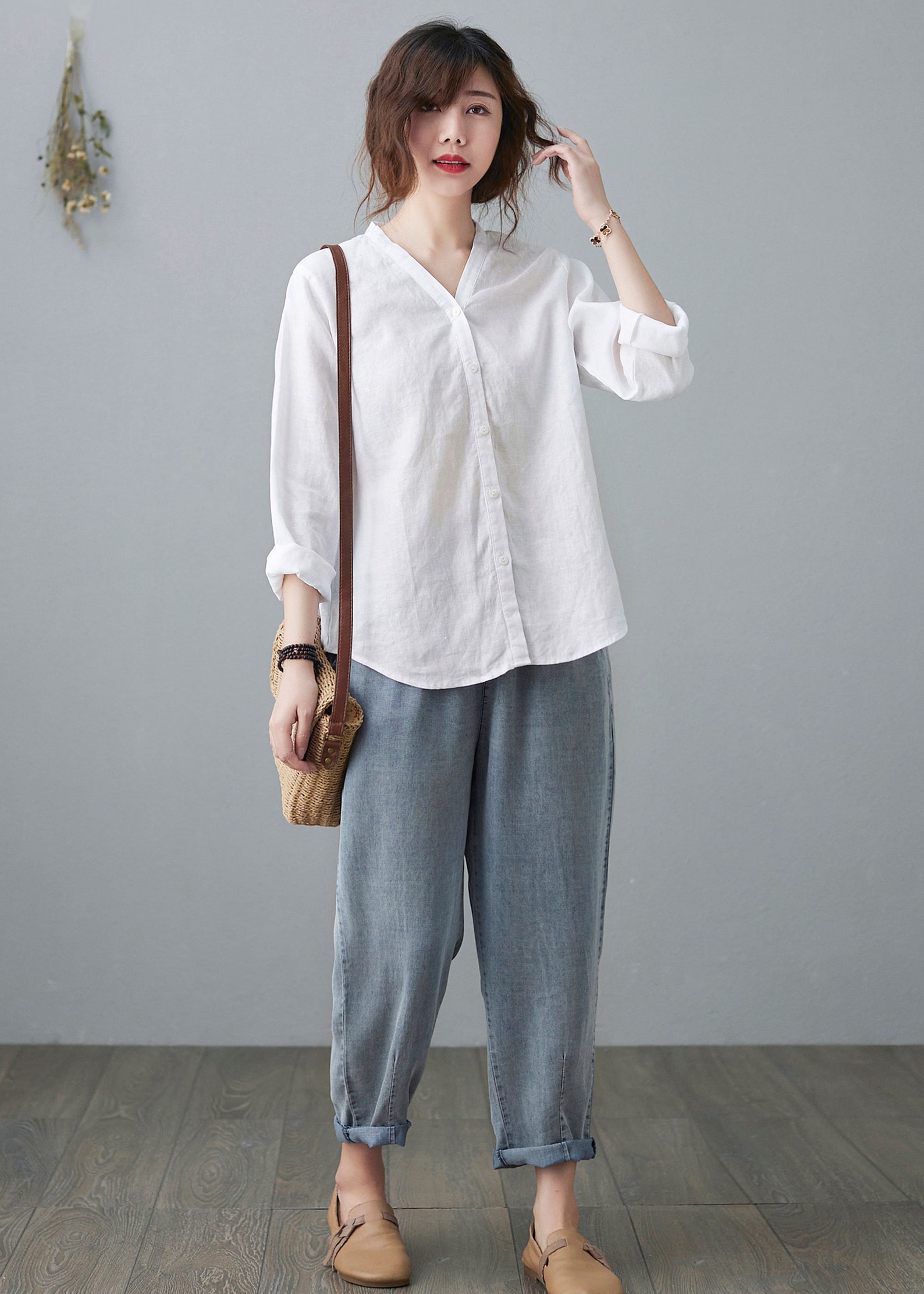 Linen Tops White Linen Shirts V Neck Blouse Casual Linen Etsy