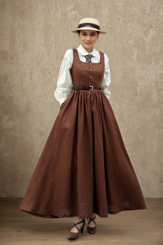 brown dungaree dress Linen Maxi Pinafore with Pleated Waist and Button Front Brown / XS Dadaria Jumper Dresses for