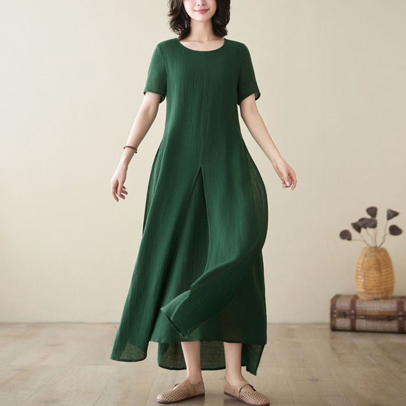 sachin and babi light blue dress Green Plus Size Cotton Linen Maxi Dress C2729 Green / Xs