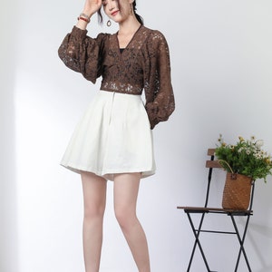 brown lace top, short tops, boho top, long sleeves lace blouse, summer romantic top for women, v neck crop tops, lace clothing c3327 image 6