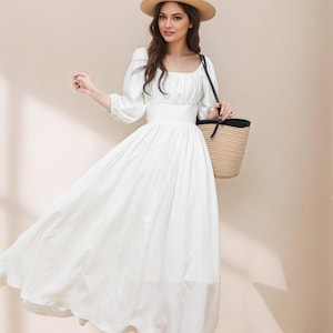 White Linen Swing Dress – Puff Sleeve Midi, Wedding Guest Dress, Ylistyle C4766