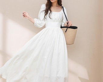 White Linen Swing Dress – Puff Sleeve Midi, Wedding Guest Dress, Ylistyle C4766