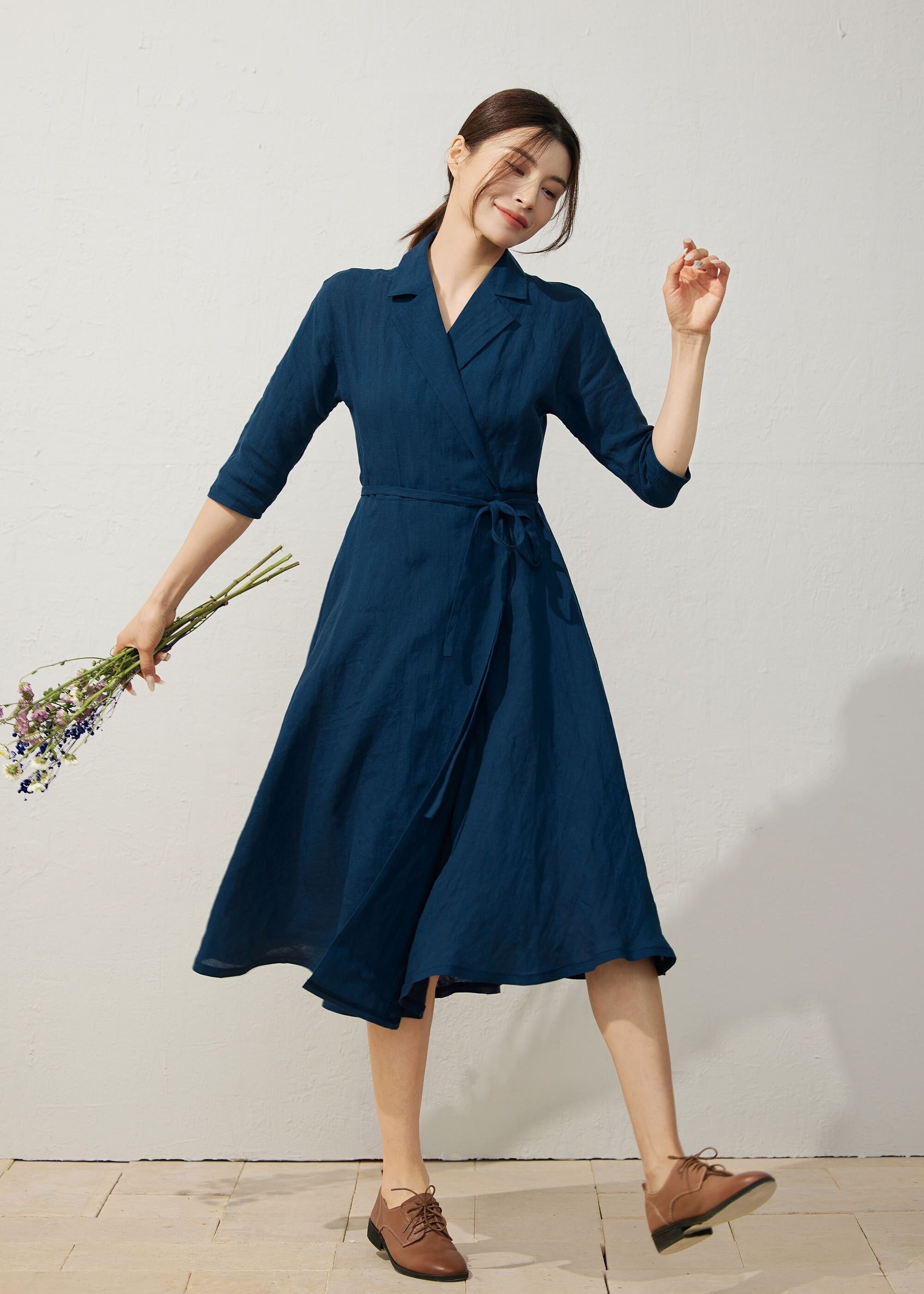 Linen Shirt Dress, Navy Blue Wrap Dress, Womens Linen Midi Dress