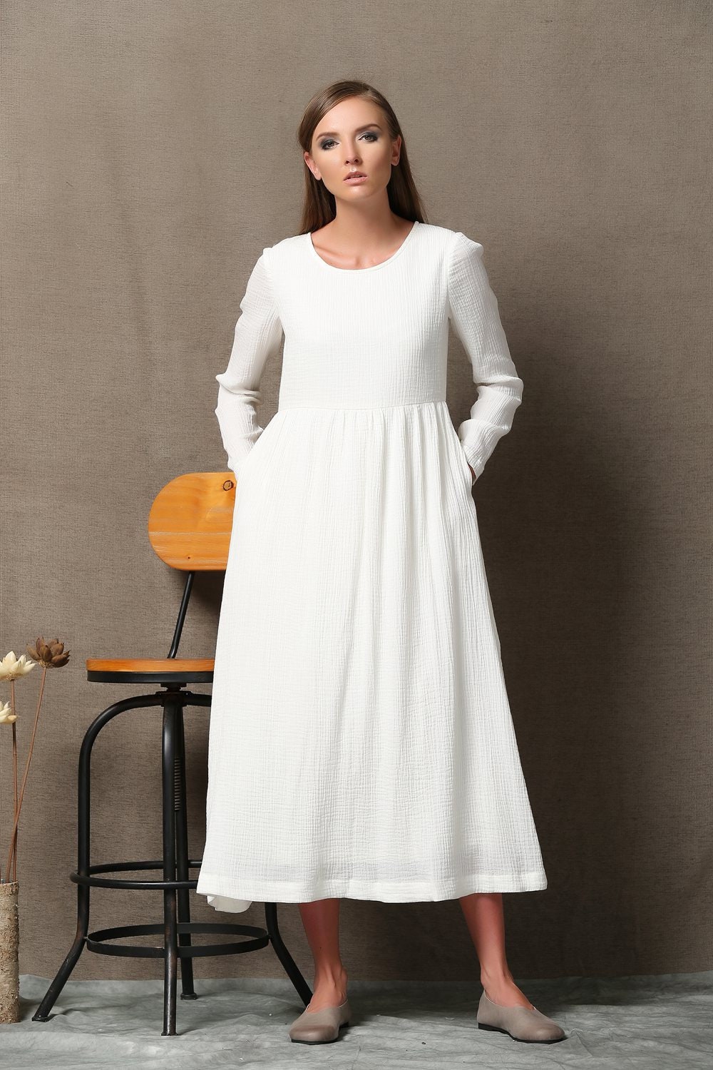 White linen dress linen dress white dress long sleeved Etsy