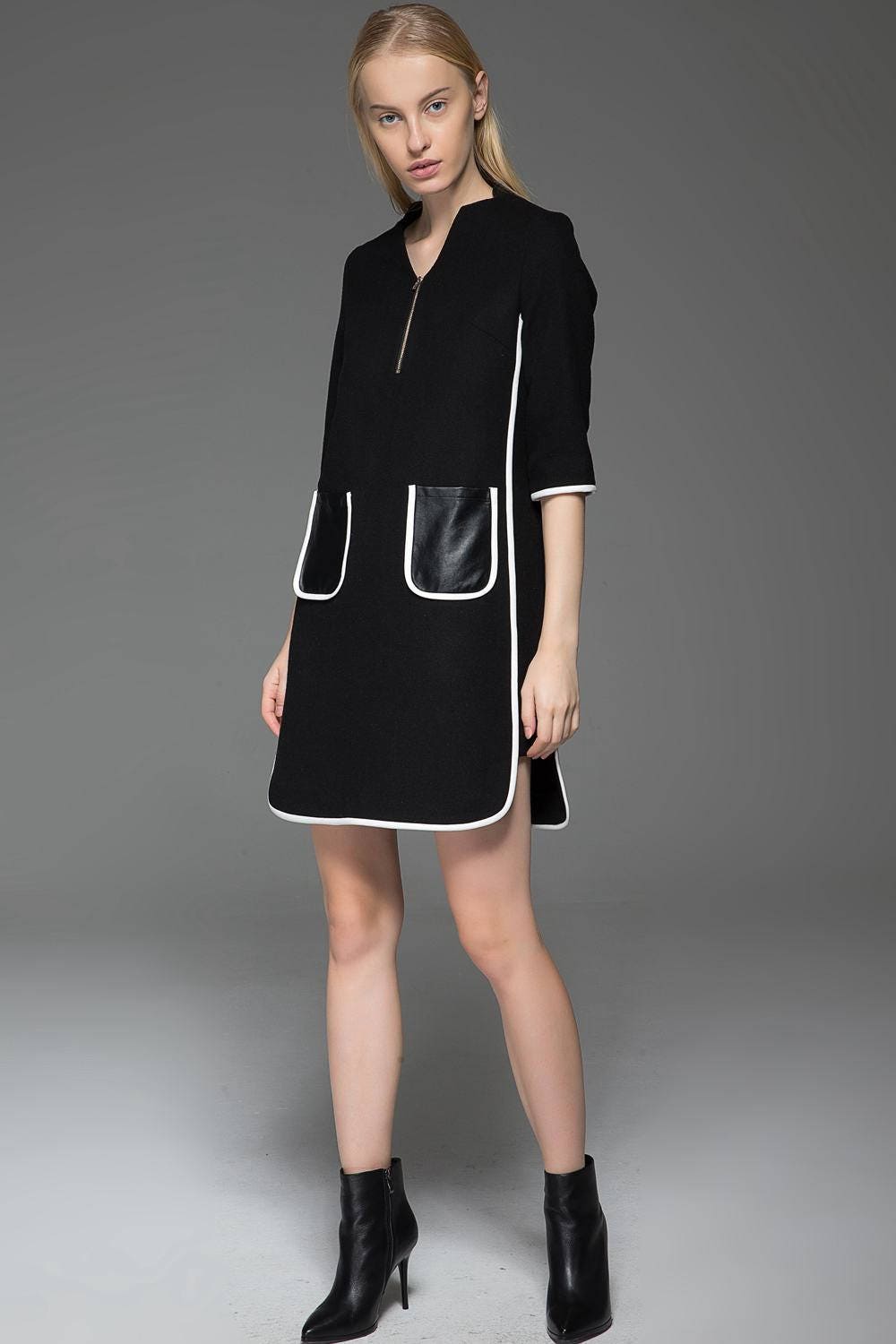 Wool Dress, Winter Wool Dress, Black Wool Mini Dress With