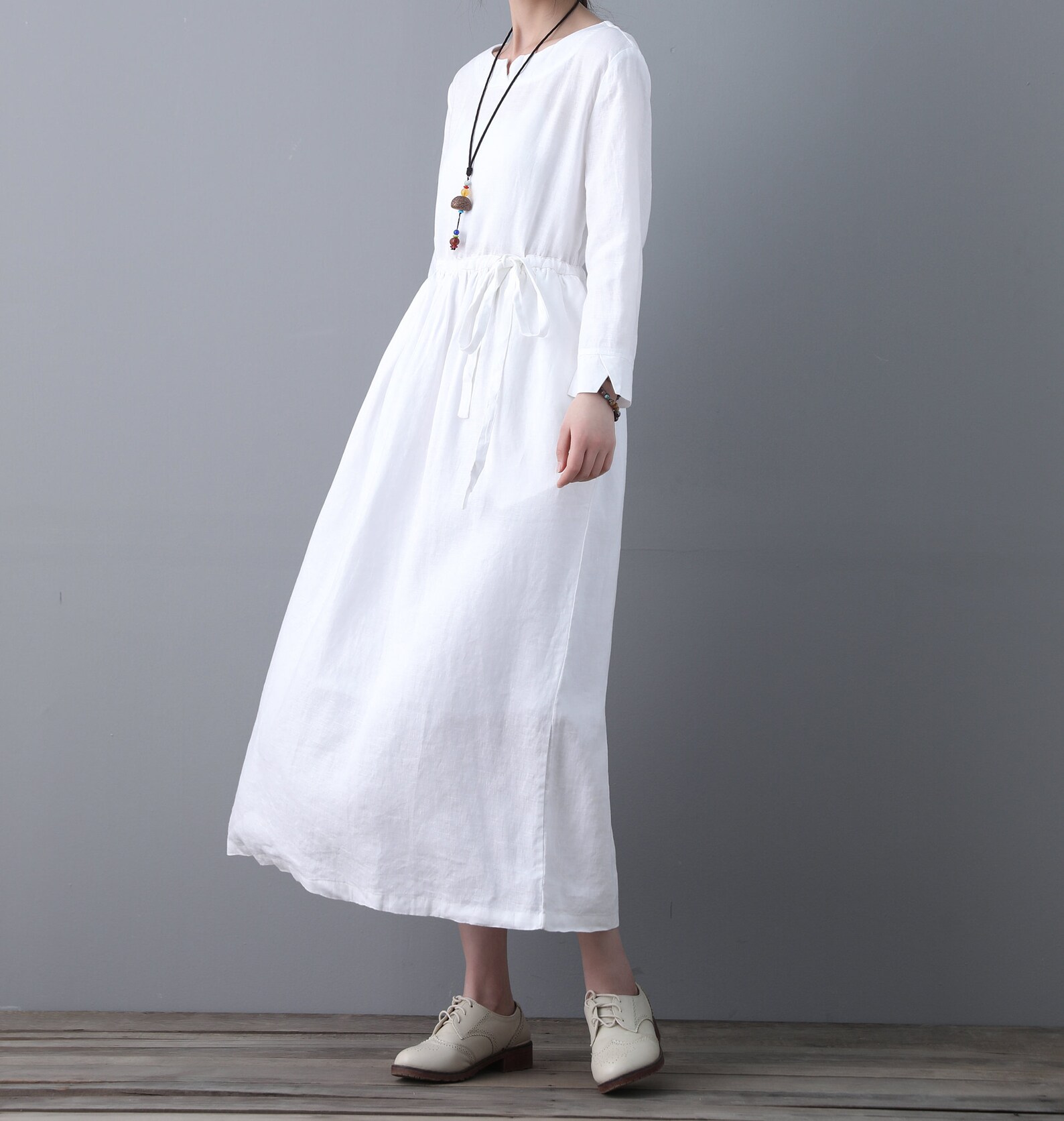White Linen Dress 3/4 Sleeves Dress Summer Classic linen Etsy