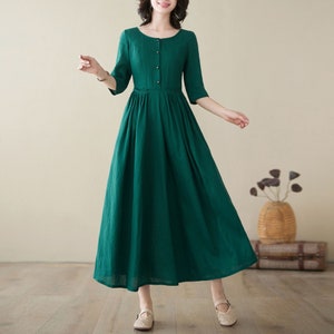 Linen Dress, Women's Summer Linen Dress, Half Sleeve Dress, Button Front Dress, Swing Dress, Linen Maxi Dress, Custom Dress, Ylistyle C3207 C3947-Dark green