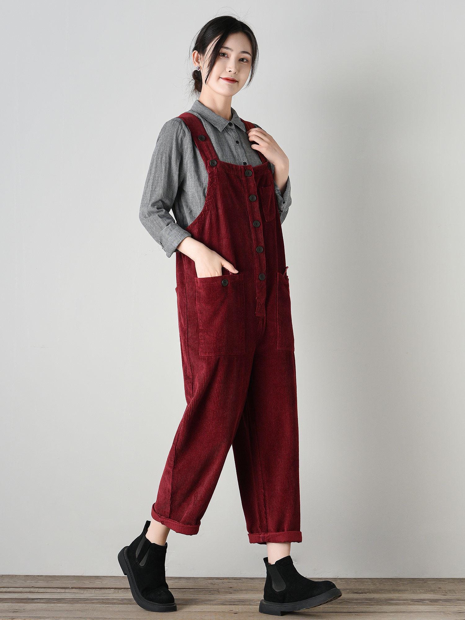 Vintage-style Corduroy Jumpsuit for Women - Red Overalls