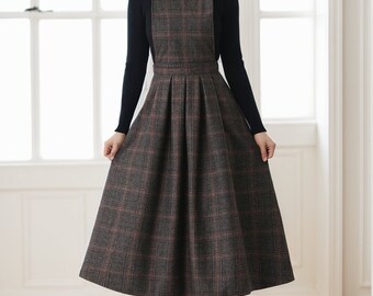 ジャケット・アウター SANDINISTA Easy Fit Wool Check Gown L Plaid Wool Midi Dress, Wool Pinafore Dress, Pleated Wool