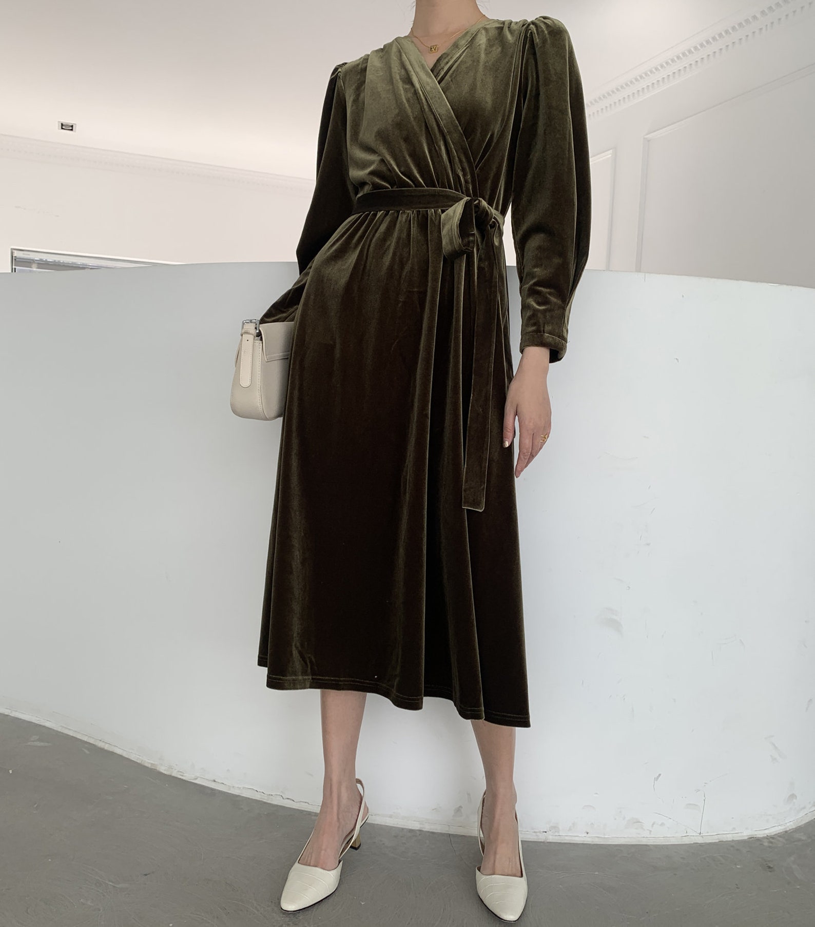 Velvet Wrap Dress Dark Green