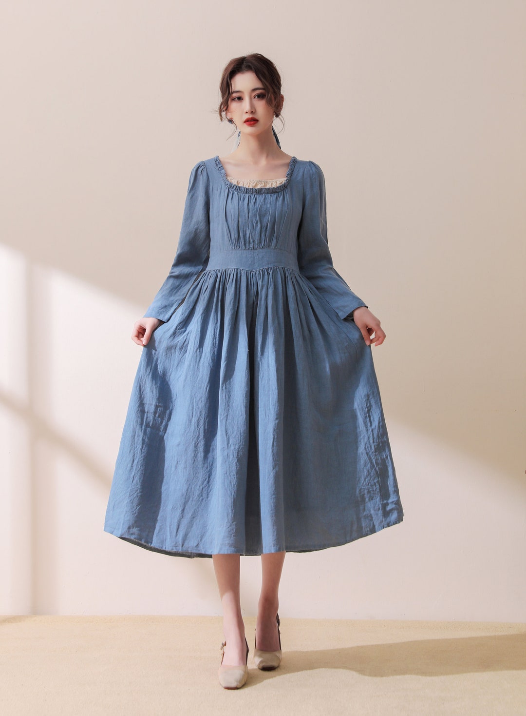 Blue Linen Midi Dresses Vintage Inspired Linen Dress Elegant - Etsy