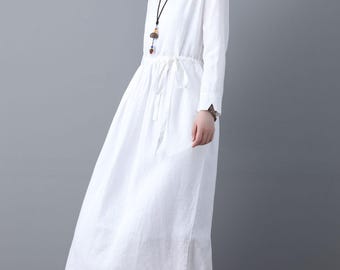 White Linen Casual Long Sleeve Drawstring Waist Dress C4617 White / Xs
