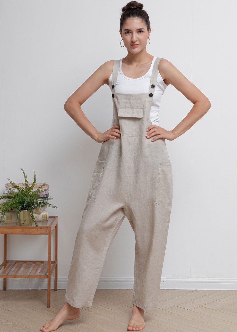 Casual Linen Overalls, Linen Jumpsuit Women, Wide Leg Linen Jumpsuits, Womens linen Romper, Linen Petite Jumpsuit, Overalls Summer C2946 image 5