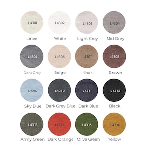 May include: A color chart displaying sixteen circular fabric swatches of 100% linen, each labeled with a code from L4301 to L4316 and a corresponding color name including Linen, White, Light Grey, Mid Grey, Dark Grey, Beige, Khaki, Brown, Sky Blue, Dark Grey Blue, Dark Blue, Black, Army Green, Dark Orange, Olive Green, and Yellow.