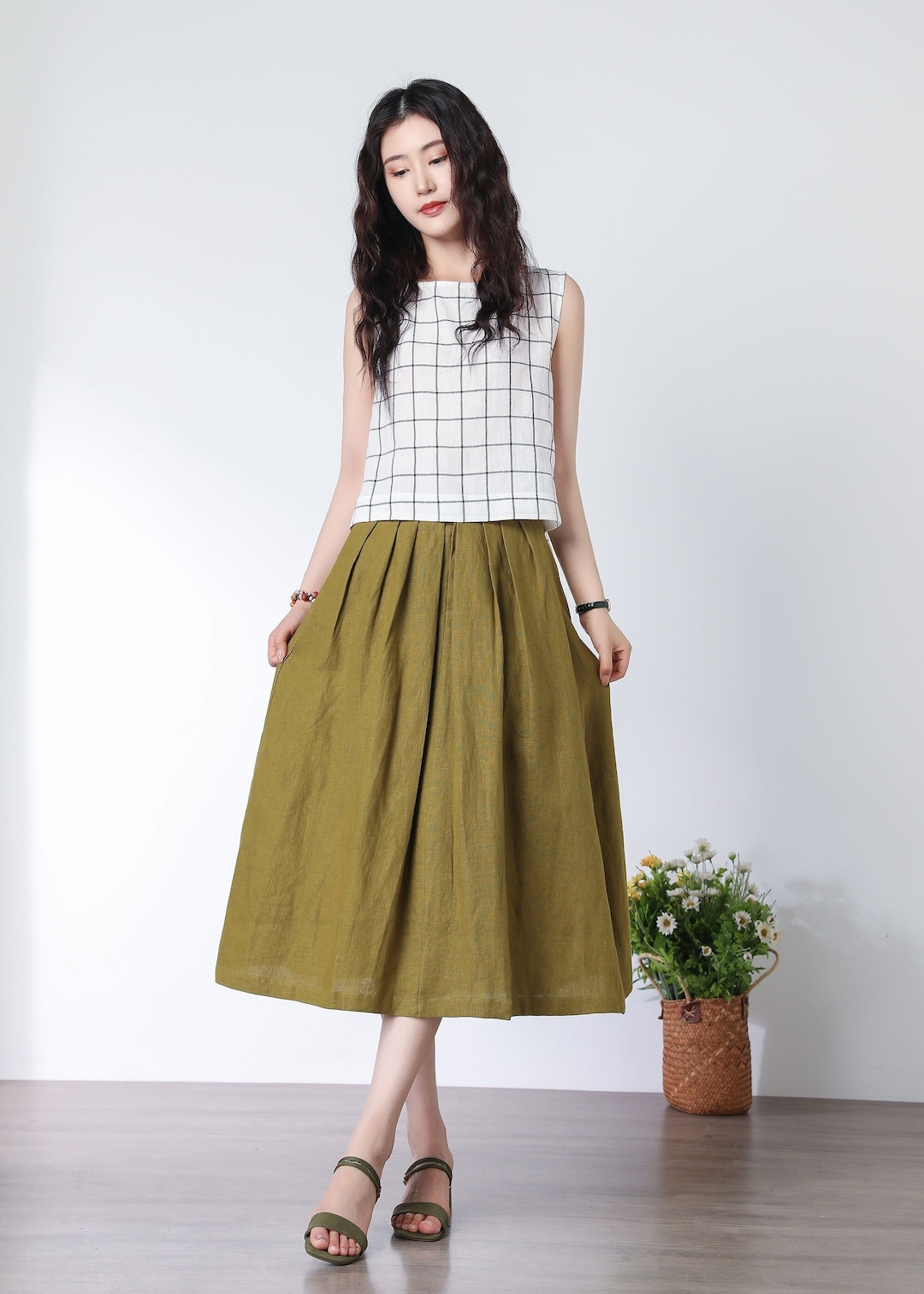 Basic A-line Linen Midi Skirt With Pockets