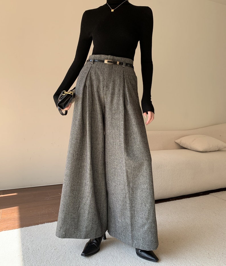 Gray Wool Palazzo Pants, Vintage Inspired Wool Pants, Wide Leg Wool Pants Women, High Waisted Pants, Custom Pants, Winter Wool Pants C3147 image 2