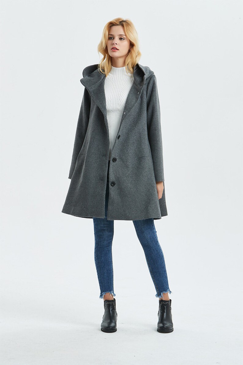 Hooded wool coat, Swing wool coat in Gray, Winter coat women, Warm winter coat, Plus size coat, Classic coat, Custom coat, Ylistyle C1317 image 9