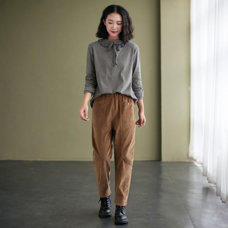 Brown Corduroy Pants, High waist Corduroy Pants women, Loose pants, Casual Corduroy pants, plus size pants, Custom pants C2432 image 4