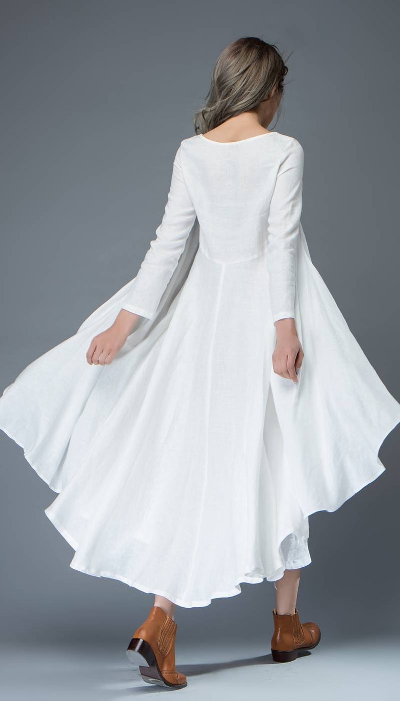White Linen Dress Layered Flowing Elegant Long Sleeve Long Etsy