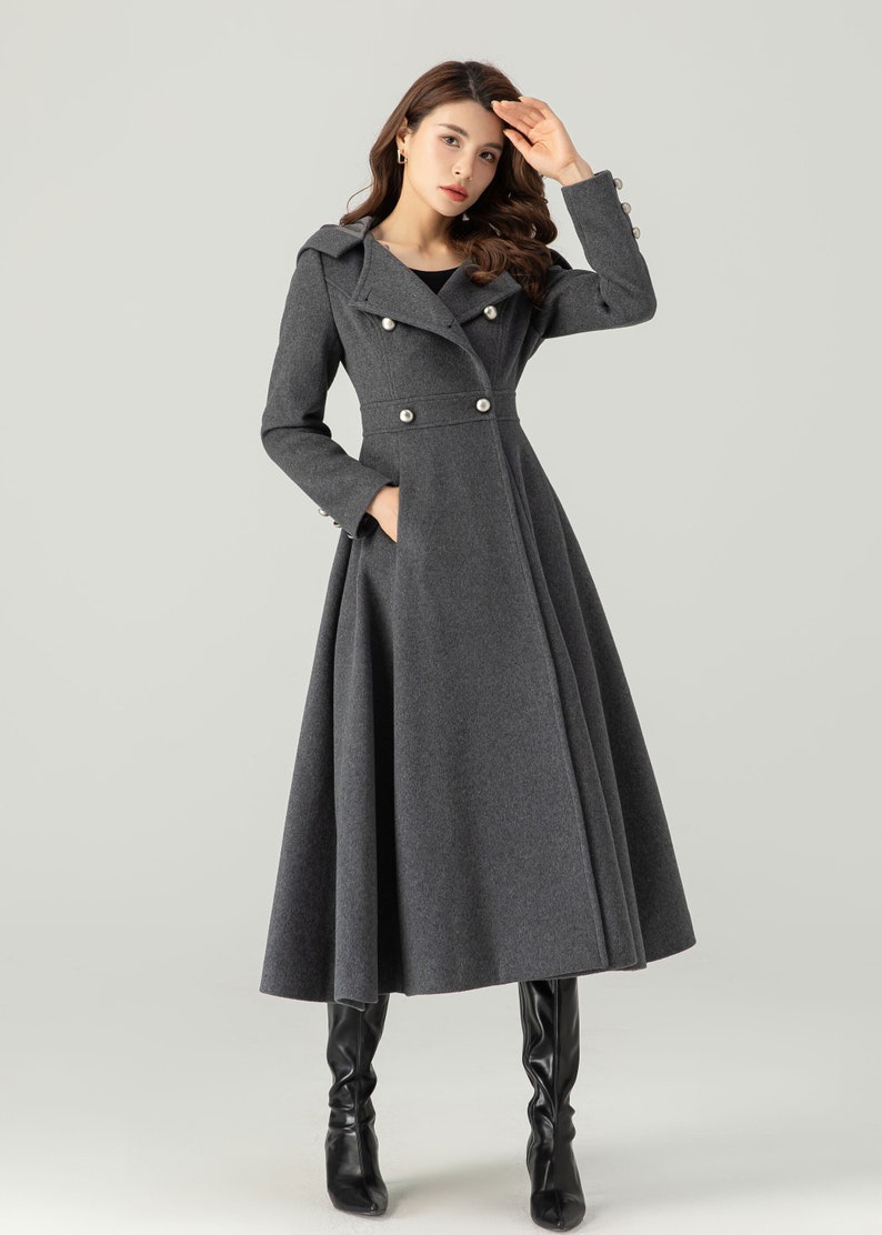 Long Wool Coat, Hooded Wool Coat, Winter Wool Coat, Womens Coat, Long Dress Coat, Double Breasted Coat, Custom Coat, Ylistyle C3704 C1-gray