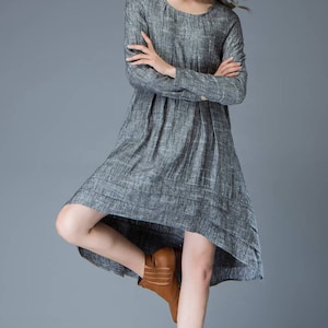 Marl Gray Lagenlook Dress Linen Loose-Fitting Long-Sleeved Round Neck Asymmetrical Dress with Tiered Pleated Hemline C810 image 7