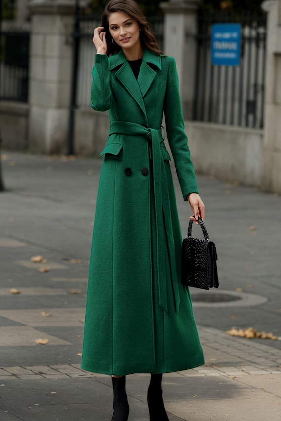 Pea Coat Womens Green Wool Coat Emerald Green Wool Coat, Long Wool Coat,  Double-breasted Wool Coat, Winter Coat Women, Belted Trench Coat, A-line  Wool