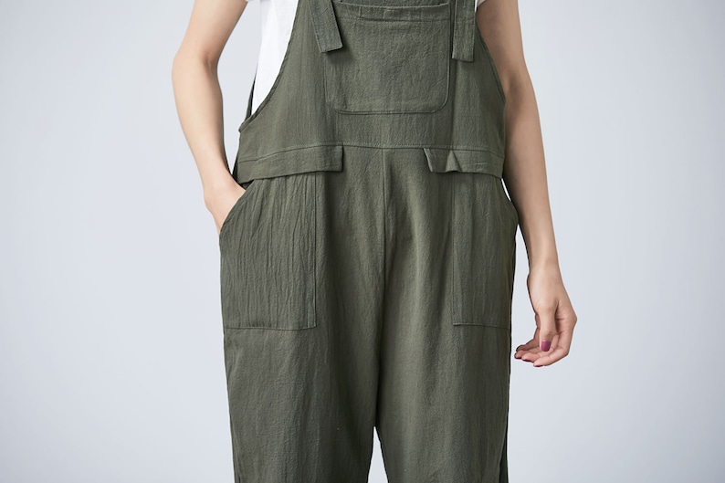 Summer green linen jumpsuit women, Casual Linen dungarees, Linen overalls, cropped leg plus size romper harem jumpsuit with pockets C1697 image 7