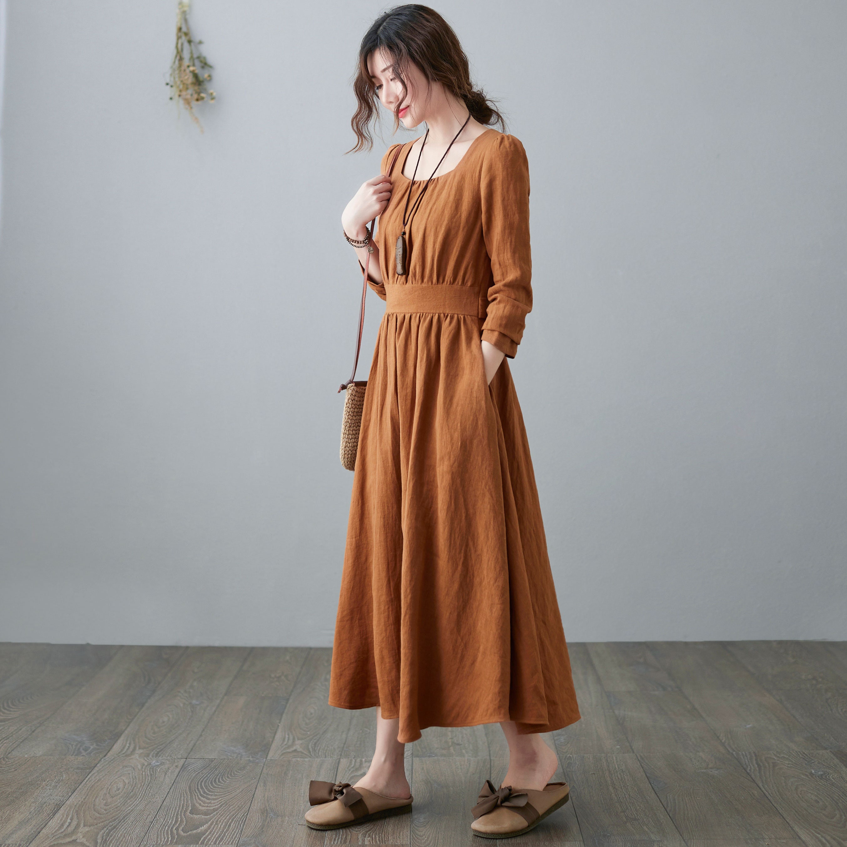 Fit and Flare Pleated Linen Dress High Waist Linen Maxi Dress Etsy