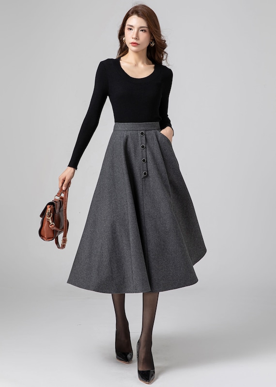 A Line Midi Skirt, Wool Skirt Women, Gray Wool Skirt, High