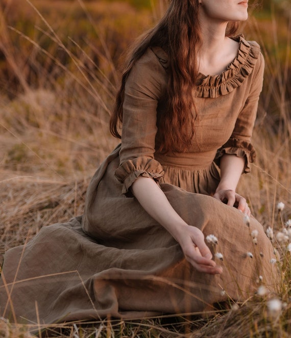 Linen Dress, Linen Maxi Dress, Linen Dress With Ruffle, Modest