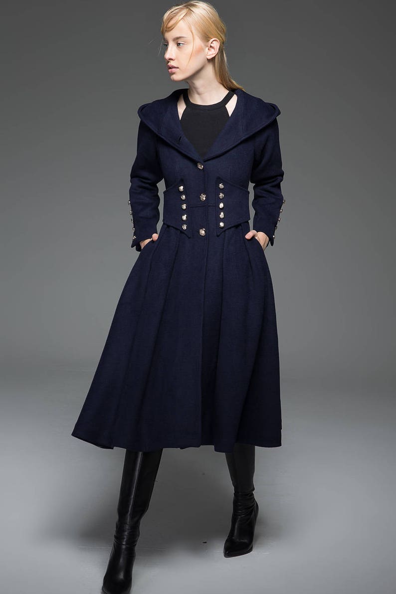 Navy Military Style Coat Long Modern Dark Blue Hooded Winter Etsy