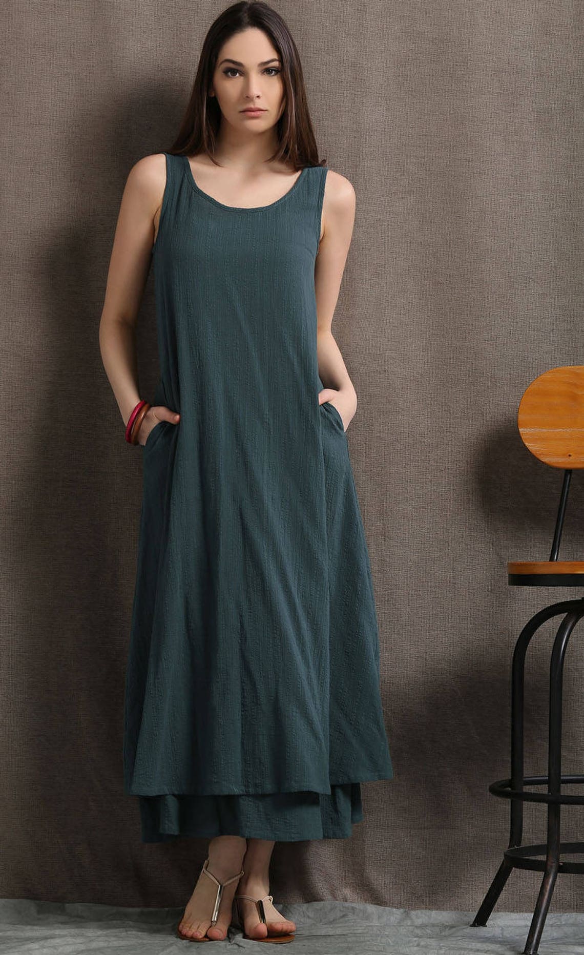 Layered Linen Maxi Dress Long Sage Green Casual Everyday Etsy